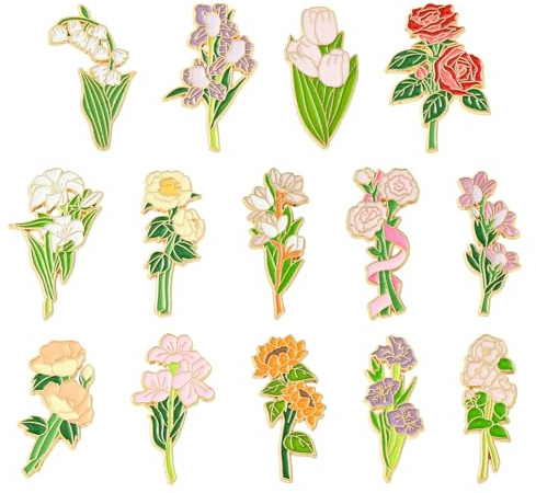 DanLingJewelry 14 Stück Elefanten-Blumenstrauß, Emaille, Rosen, Tulpen, Lilien, Blumen, Sonnenblumen, Broschen für DIY, Kleidung, Taschen, Hüte, Dekoration, Partygeschenke, Geschenke