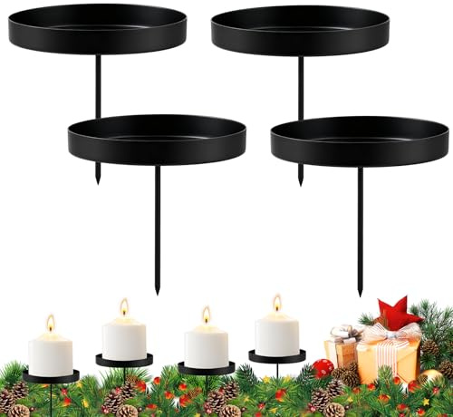 4 Stück Adventskranz Kerzenhalter Metall Schwarz 8cm Runde Kerzenständer ohne Dorn, Adventskranz Kerzenteller für Stumpenkerzen, Weihnachts Deko Kerzenhalter für Kranz, Tisch & Wohnzimmer