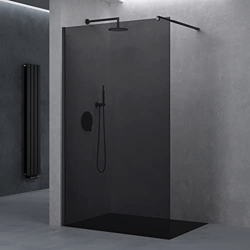 doporro Parete Doccia Walk-In 80x200 cm Senza Porta con Barra Telescopica | Vetro Temperato Grigio Fumé 10 mm, Profilo Nero Opaco 0-15 mm, Supporto Inox 70-120 cm, Montaggio Reversibile Destra/Sinistra