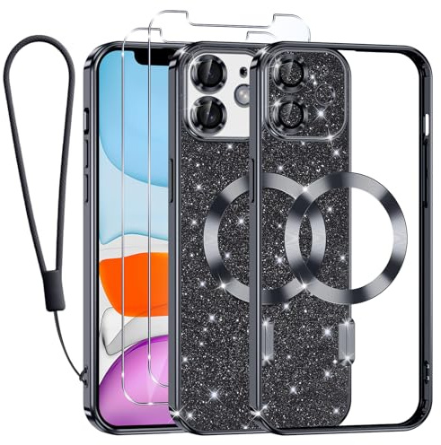 Tikfrlo Handykette für iPhone 11 Hülle mit MagSafe, Glitzer Magnetisch Handyhülle Stoßfeste Silikon TPU Schutzhülle Case für iPhone 11 mit 2 Stück Schutzfolie, Schwarz