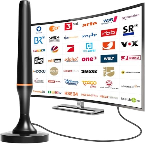 DVBT2 Antenne, DVB-T2 Zimmerantenne für Fernseher, dvbt antenne Geeignet für lokale Sender, 360°-Allroundempfang, unterstützt 4K/1080P HD Digitale Kanäle, Mit Magnetfußl, 2,5 m langes Kabel