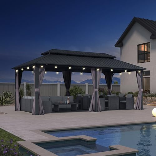 PURPLE LEAF Tonnelle de Jardin Extérieur 6 x 3 m avec Guirlande Lumineuse, Pavillon Aluminium à Double Toit en Acier Galvanisé, Pergola Jardin Extérieur avec Rideaux pour Fête, Barbecue, Gris