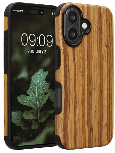 kwmobile Hülle kompatibel mit Apple iPhone 16 - Holz TPU Case Handy Schutzhülle - Backcover Cover Holz Maserung Vintage Braun