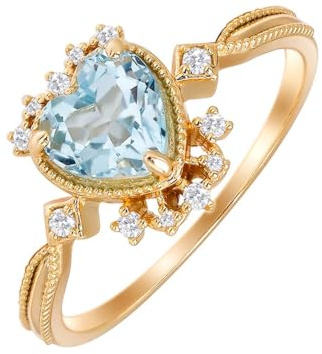 Echte Gelbgold Au 375/585/750 Solitärring mit Herz Blau Topas, Vintage Herz 9K/14K/18K Gold Freundschaftsringe