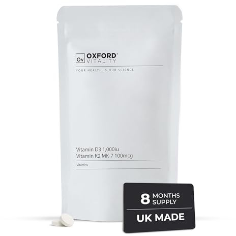 Oxford Vitality Vitamin D3 1000IU & K2 MK7 Tablets | Bone Support Supplement | Easy to Swallow Daily Vitamin D and K2 Tablets | Pack of 240