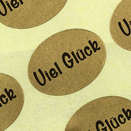 100 Etiketten/Aufkleber Viel Glück Sticker Blumen 25 x 18 mm Haftpapier gold auf Rolle, ab 500 mit Spender