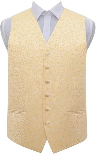 DQT Mens Swirl Floral Jacquard Waistcoat Vest – Wedding Business & Formal Suit Wear - Gold 50 (5XL)