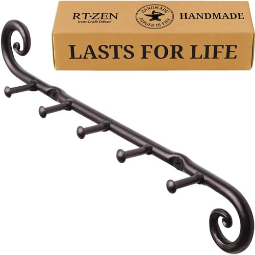 RTZEN Farmhouse Small Key Holder for Wall - Handcrafted Swirl Decorative 5 Key Hooks for Home Entryway - Wrought Iron Black Wall Mount Key Rack Purse Coat and Leash Holder or Organizer (Classic)
