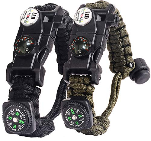Paracord Survival Armband Kit für Herren Damen, Survival Armband mit Feuerstein + Kompass + Thermome (Schwarz + Armeegrün)