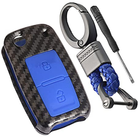 Happyit ABS Carbon Fiber Shell + Silikon Autoschlüsselabdeckung Fall passend für VW Volkswagen Amarok Polo Golf 4 5 6 MK4 Bora Jetta 2 Tasten (Blau)