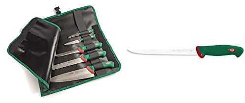 Sanelli Set 5 coltelli Premana Professional Rotolo Cuoco, Cordura, Nero/Verde & Coltello da Filettare Pesce, Acciaio Inossidabile, Verde/Rosso, 22 cm