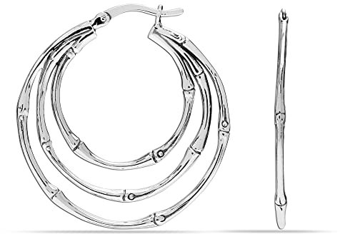 LeCalla Boucles d'oreilles créoles en bambou antique léger en argent sterling 925 pour femmes adolescentes, Argent, Pas de gemme