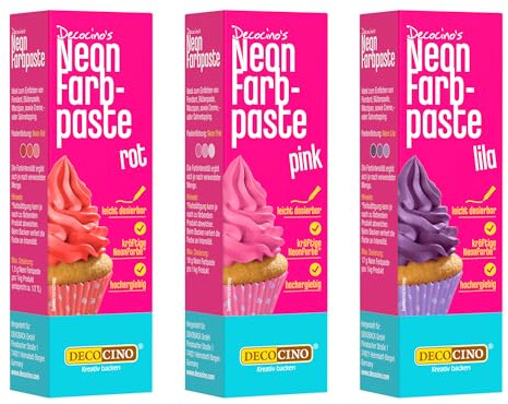 Decocino Neon Lebensmittelpasten Set - 3 Stück - rot, pink, lila – hochdosierte Lebensmittel-Farbe – zum Einfärben von Kuchen, Torten, Muffins, Cupcakes – geschmacksneutral