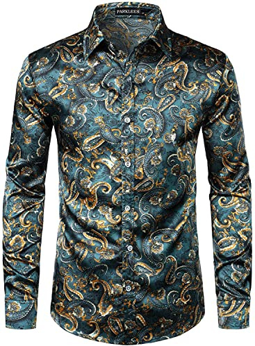 PARKLEES Lässiges, luxuriöses Herrenhemd, bedruckt, seidenähnlich, Satin, Knopfleiste, für Party, Hochzeit