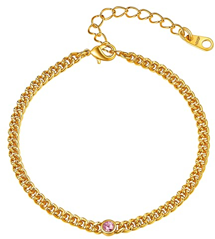FOCALOOK Bracelet du Pied Femme Dorée 22+5cm avec Pierre de Naissance Octobre Tourmaline Rose d'Imitation