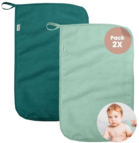 MIMUSELINA Set 2 Toalla Bebe Recien Nacido en Rizo 100% Algodón | Toallitas Bebe con Tira para Colgar 35x23 cm, 450 gr | Toalla Baño Bebé en Algodón Certificado Oeko-Tex (Turquesa/Menta)