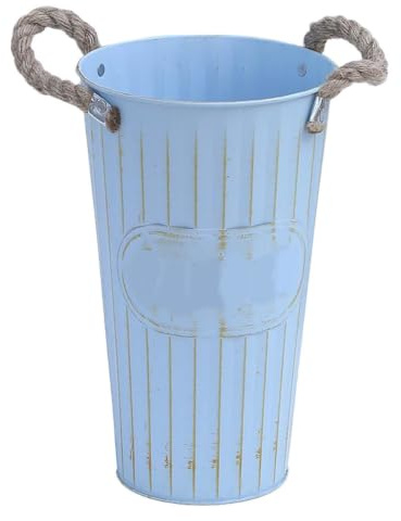 Happyyami Vintage Metal Tall Galvanized Flower Vase Farmhouse French Planter Bucket with Handles for Wedding Decor Floral Arrangements Blue 40cm