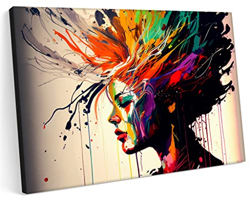 Printonia Bilder Leinwandbild 120x80cm Friseur Friseursalon Kosmetik Frau Gesicht Frisur Abstrakt Neon Art
