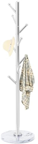 OIRUMIE Garderobenständer mit natürlichem Marmorsockel, massiver 201 Edelstahl, freistehend, Garderobenständer mit 8 Haken, Garderobenbaum, Hüte Aufhänger für Eingangsbereich, Flur (Silber)