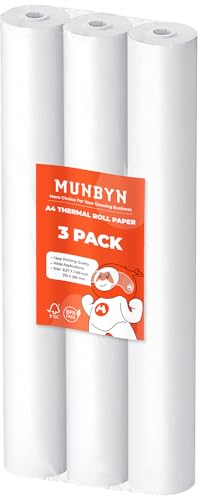 MUNBYN Thermopapier A4 für ITP01/ ITP04, 3 Rollen Thermo Druckerpapier 210 x 297mm, Thermo Printer Paper A4 Kompatibel mit MUNBYN Thermal Printer A4, Weiß