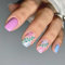 24 Pièces Faux Ongles Court Carrés Français Bleu Brillant Ongles à Coller Naturel Acrylique Bâton sur Les Ongles avec Fleurs & Feuilles Dessin pour Femmes et Filles