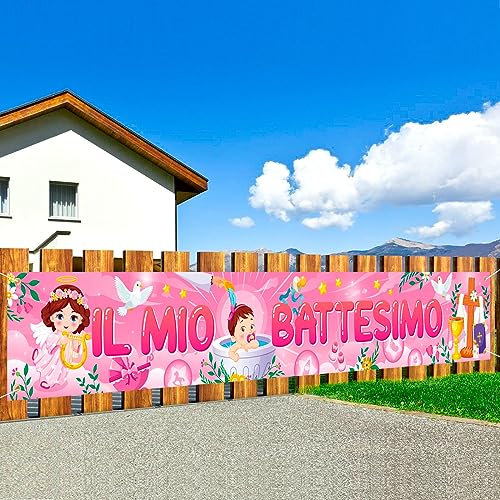 DPKOW Rosa Il Mio Battesimo Striscione for Bimba Battesimo Decorazioni, Tessuto Lungo Battesimo Sfondo Striscione per Bambini Nascita Comunione Baby Shower Decorazione Festa di Compleanno, 270 * 40cm