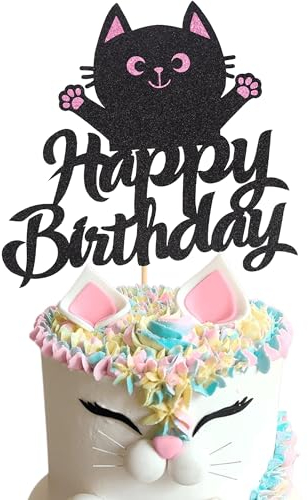 Arthsdite 1Pc Cat Happy Birthday Cake Topper, Pet Themed Birthday Cake Topper, Cute Meow Pawty Birthday Party - Boy Girl Baby Shower Party Decoration