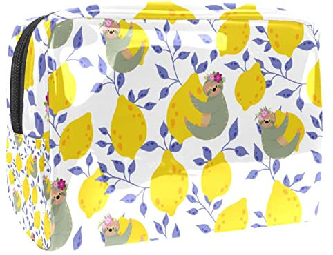 Beauty case con bradipi e limoni per donne, beauty case da viaggio, grande, in PVC, pratico organizer con cerniera, Multi, 18.5x7.5x13cm/7.3x3x5.1in, Beauty case