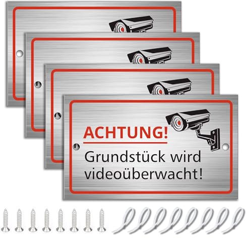 4 Stück Videoüberwachung Schild, 10x6cm Aluminium Schilder Kameraüberwachung, Achtung Videoüberwachung für Privatgrundstück mit Selbstklebend und 2 Bohrlöcher, Schild Videoüberwachung, Warnschild