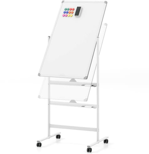 COSTWAY Doppelseitiges mobiles Whiteboard, 60 x 100 cm, höhenverstellbares magnetisches Whiteboard mit Rollen, Ständer und Stiftablage, inkl. Zubehör für Schule, Büro, Zuhause (Weiß)