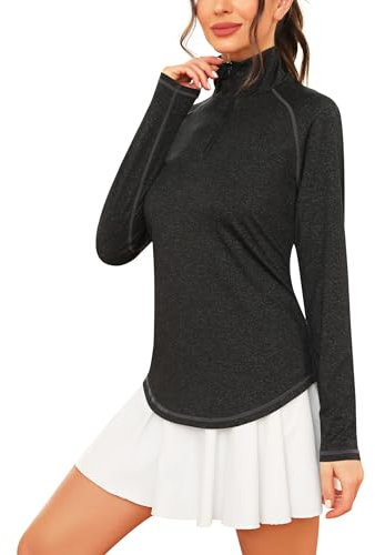 iClosam Womens Long Sleeve Tops 1/4 Zip Polo Shirts UPF 50+ Running T-Shirt Quick Dry Gym Sports Workout Cycling Golf Tops Black