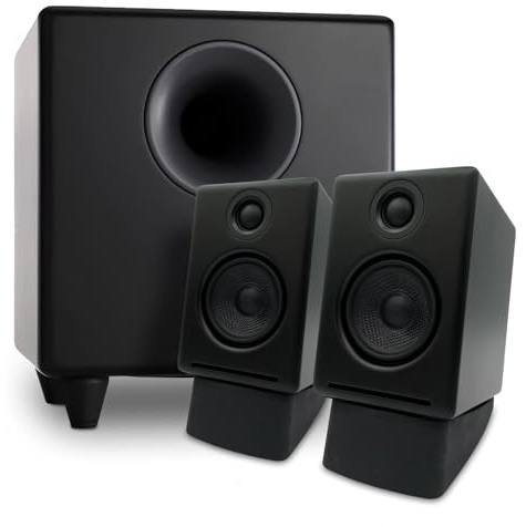 Audioengine A2 Schwarz Desktop Lautsprecher mit S8 Schwarz Subwoofer und DS1 Stunds