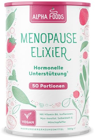 Menopause Elixier | 300g | Hormon Balance Pulver, nicht Kapseln | Hochdosiert Mönchspfeffer, Yamswurzel, Myo Inositol, Vitamin B6, D & Calcium | Wechseljahre Komplex | Vanille-Himbeer | Alpha Foods