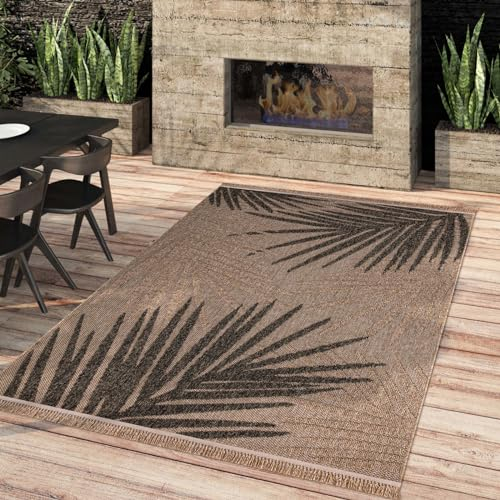 Taracarpet Outdoor & Indoor Teppich wetterfest Borneo Premium Sisal-Jute-Optik Natur für Wohnzimmer, Küche, Balkon, Wintergarten Blätter Palme beige 120x160 cm