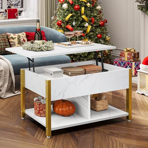 YITAHOME Couchtisch mit Anhebbarer Platte, Leicht Anzuheben, 2-Stufiger Stauraum, Höhenverstellbarer Couchtisch mit Verstecktem Staufach und Ablagefläche für Wohnzimmer, Büro, Weißer Marmor