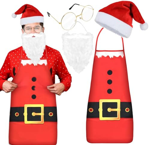 HOWAF Weihnachtsmann Kostüm, Weihnachtsmütze Nikolausmütze, Weihnachtsschürze, Weihnachtsmann Bart, Weihnachtsmann Brille für Weihnachtsfrau Kostüm, Weihnachtskostüm, Karneval Fasching Kostüm