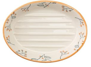 Große ovale Seifenschale aus Keramik mit floralen Prints, orangener Rand, Ablage handbemalt, 15 x 11 x 3 cm
