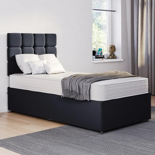 ComfoRest - Modern 3FT Single Divan Bed with Cube Headboard and Mattress | Practical Base for Guest or Everyday Use | Full Sleeping Setup Included – No Drawers (Black Plush)