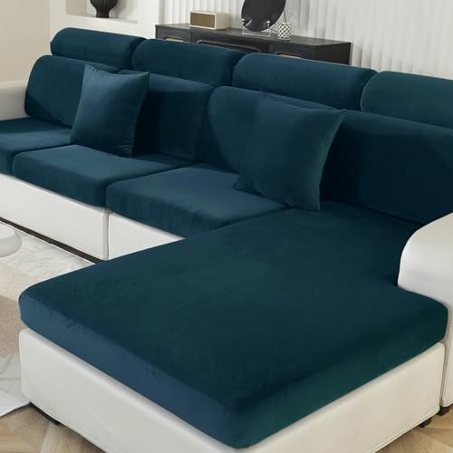 Ystyle Sofa Sitzkissenbezug Stretch, Elastischer Samt Sofa Sitzbezug rutschfest, Universal Sofaschoner Sitzfläche Waschbare, Sofakissen Bezug Sofabezug (1 Sitzer*3+Chaiselongue, Dunkelgrün)