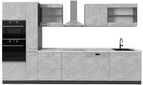 Vicco Küchenzeile R-Line, Küchenblock, Beton/Anthrazit, 350 cm, AP Marmor
