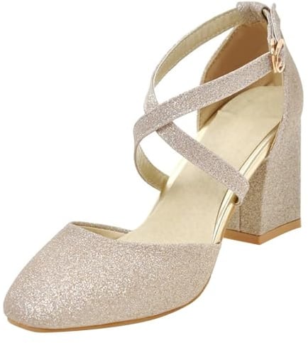 HSyc JRX Damen Glitzer Pumps mit Knöchelriemen und 7cm Blockabsatz High Heels Riemchen Schuhe