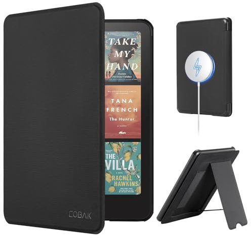 CoBak Lightweight Stand Case for 7 Kindle Paperwhite 2024 and Kindle Colorsoft with Right Hand Strap - Compatible with iPhone MagSafe, for Samsung/Belkin/Anker Wireless Charging Pads, Black