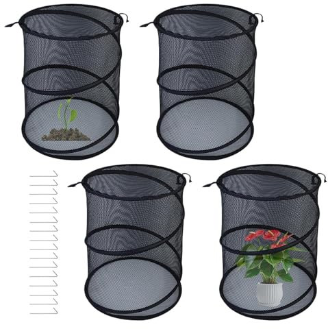 Paquete de 4 jaulas de red desplegables para plantas, cubierta, red, malla transpirable y plegable, malla resistente a los rayos UV con estacas, protector de flores para árbol de jardín, arándanos