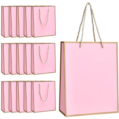 16 Stück Geschenktüten Papier Bunt, Kraftpapier Tüten für Hochzeiten Partys Weihnachten Dankeschön-Geschenktüten mit Griffen, Geschenktüte mit Blumenmuster, Partyzubehör 18x23x8cm (Rosa)