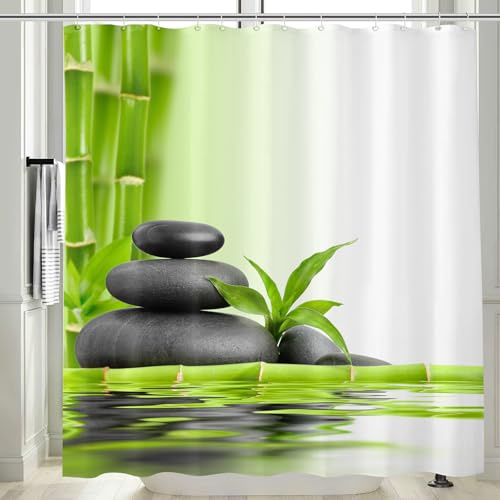 Vgzsyomqib Duschvorhang 180x200 Lang Anti Schimmel Zen Dusche Vorhang Curtain für Badewanne Wasserdicht Stoff Shower Curtains Steine Bambus Motiv Duschvorhänge Waschbar Textil, Grün Schwarz