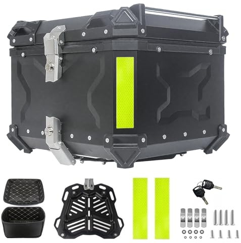YJYAJIE Motorrad TOPCASE 55L Universal Alu mit Rückenlehne – IP68 Wasserdicht, Abschließbare Gepäckbox, inkl. Universal-Montageplatte für die meisten Motorräder & Roller (Schwarz)