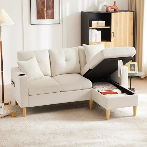Ligterra Sofa mit Schlaffunktion, L-Form Couch, Sofa 3 Sitzer mit Chaiselongue, Stauraum, Getränkehalter, Wird mit 2 Kissenfür Wohnzimmer, Büro, Wohnung (Weiß)