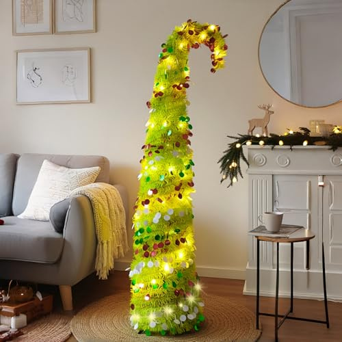 TOPSOSO Pop-Up-Weihnachtsbaum 150cm Grüne Streifen Tinsel Weihnachtsbaum mit Beleuchtung Glitzernden Schneeflocken– Faltbarer Pop-Up Weihnachtsbaum für Wohnung, Kinderzimmer, Klassenzimmer, Innenräume