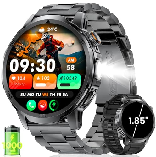 LIGE Militaire Montre Connectée Homme avec 1,85'' HD Grand Écran/LED Lampe/1000mAh Batterie,Smartwatch Homme avec 100+ Modes Sportifs,24/7 Moniteur de Fréquence Cardiaque et Sommeil pour Android iOS