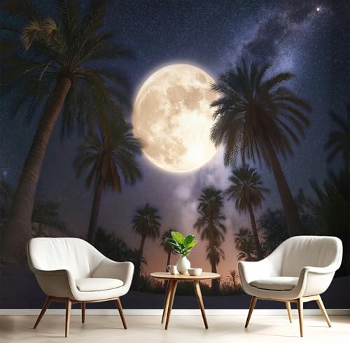 Fototapete Dunkelblau Nacht Mond Palmen Tapete 3D Effekt Tapeten Sternenwald Wandtapete Wohnzimmer Schlafzimmer Kinderzimmer Wand Dekoration Motivtapeten,200X140Cm